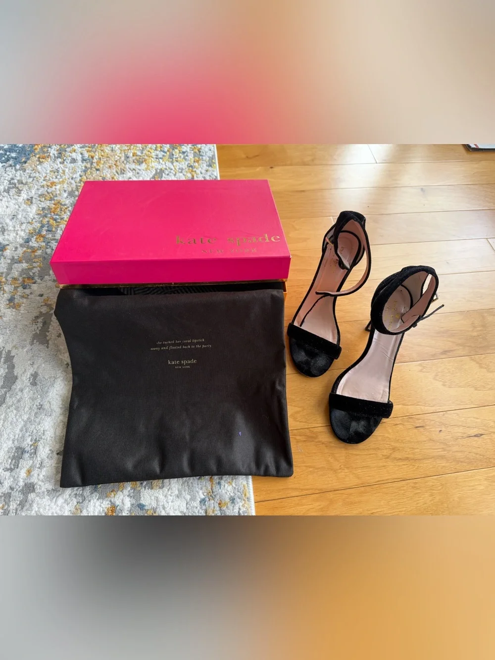 Kate Spade Isa Black Satin Ankle Strap Heels, size 7.5